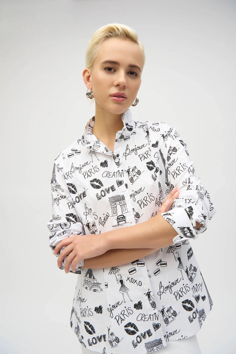 Joseph Ribkoff White/Black Paris Print Button-Down Shirt 252929