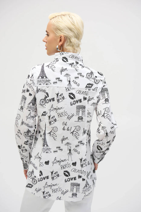 Joseph Ribkoff White/Black Paris Print Button-Down Shirt 252929