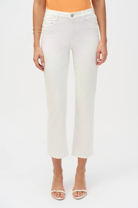Woman wearing white straight leg ankle-length jeans from Joseph Ribkoff