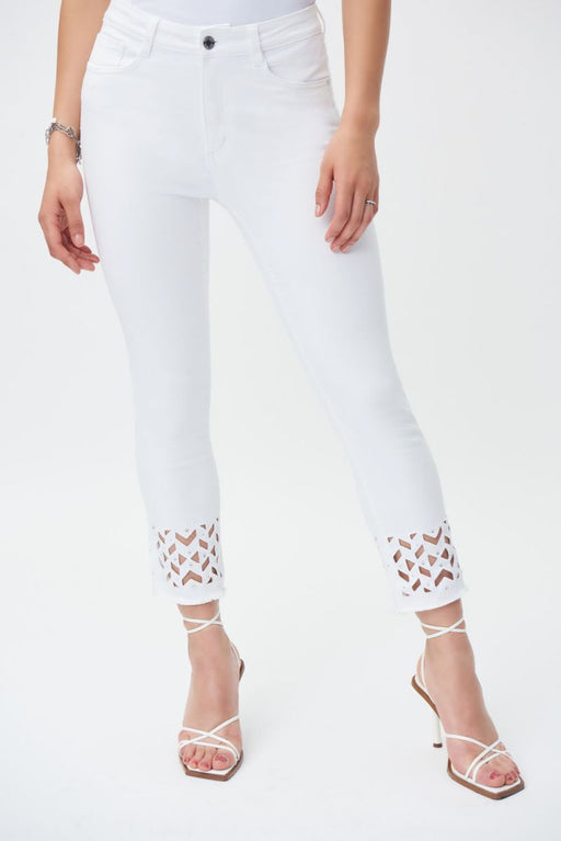 Joseph Ribkoff Style 231952 White Embellished Cutout Detail Frayed Cropped Jeans
