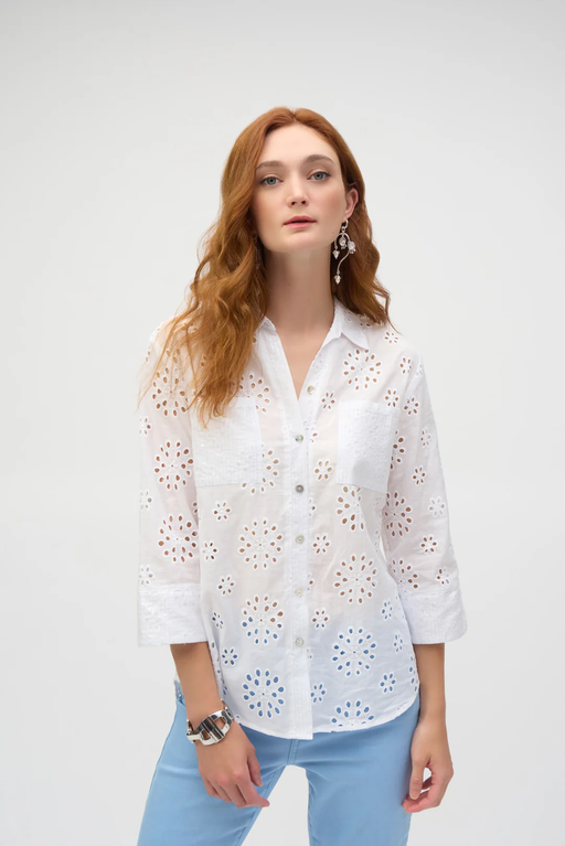 Joseph Ribkoff 252928 White Embroidered Eyelet Boxy Button-Down Blouse