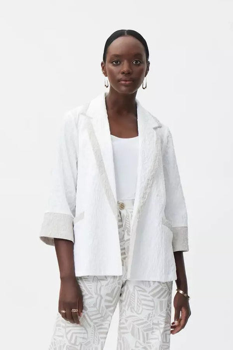 Joseph Ribkoff Style 232221 White/Moonstone Contrast Trim Crinkled 3/4 Sleeve Jacket