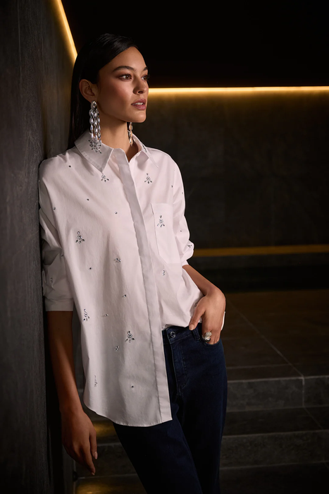 Joseph Ribkoff White Rhinestone Embellished Button Front Blouse 254924