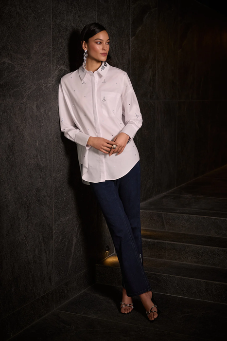 Joseph Ribkoff White Rhinestone Embellished Button Front Blouse 254924