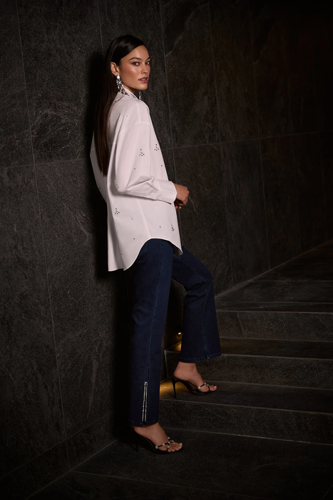 Joseph Ribkoff White Rhinestone Embellished Button Front Blouse 254924