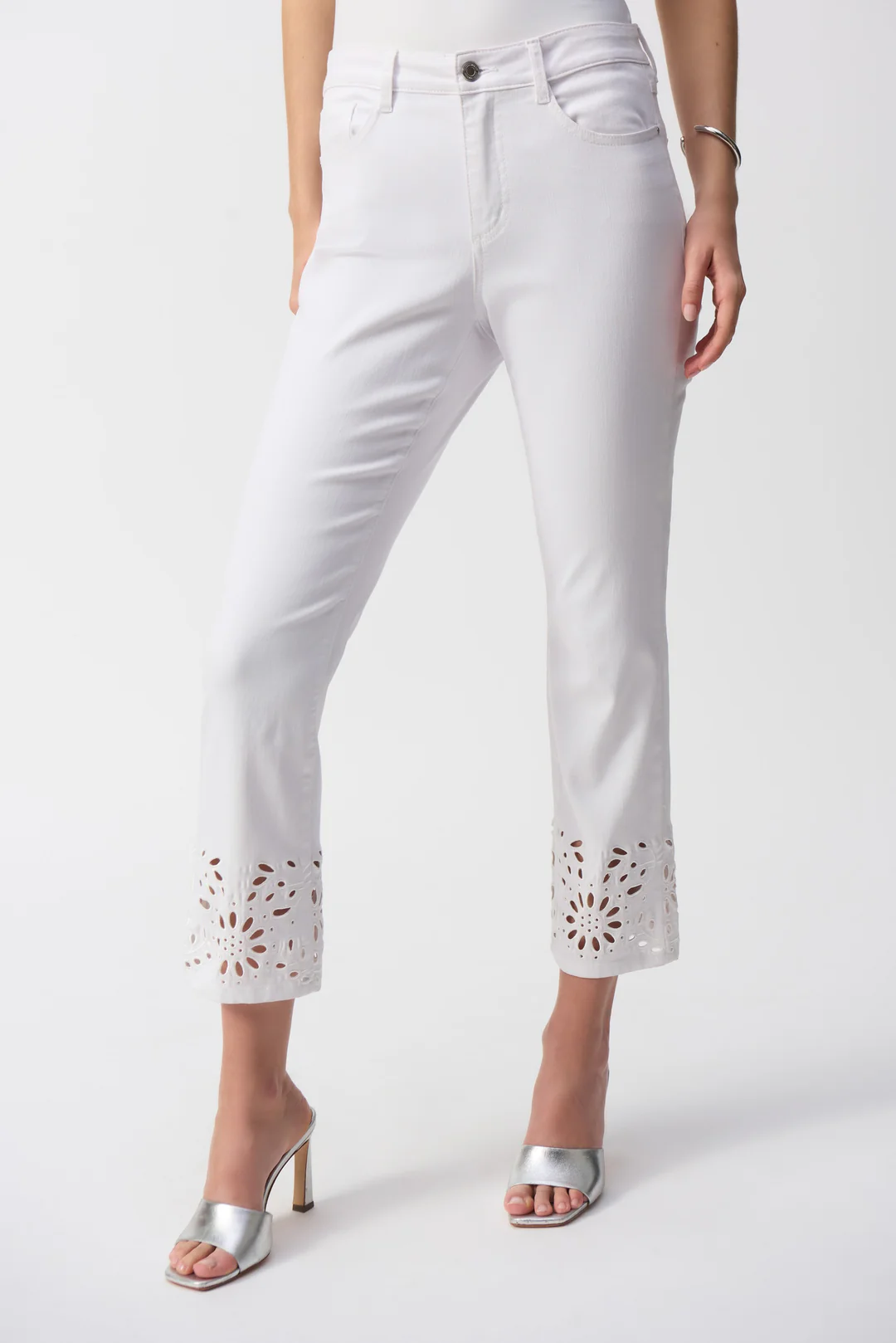Joseph Ribkoff White Straight Fit Cropped Embroidered Hem Jeans