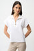 Woman wearing Joseph Ribkoff white straight boxy top with zipped V-neck styled for office casual, smart brunch, travel, and modern everyday chic outfits.