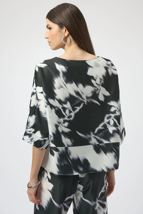 Joseph Ribkoff Black/Winter White Floral Satin Boxy Top 254063