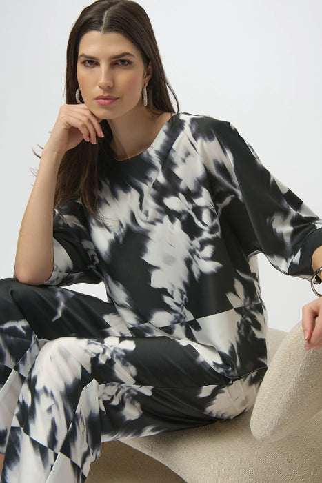 Joseph Ribkoff Black/Winter White Floral Satin Boxy Top 254063