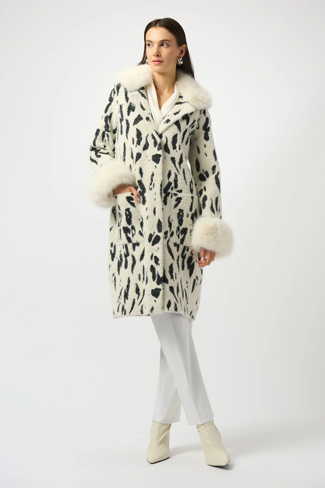 Joseph Ribkoff Winter White/Black Animal Print Faux Fur Coat 253904