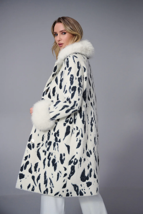 Joseph Ribkoff Winter White/Black Animal Print Faux Fur Coat 253904