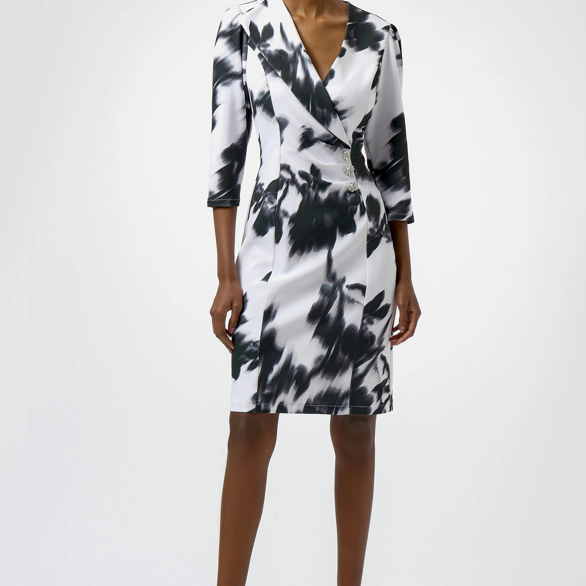 Joseph Ribkoff Floral Two-Tone Sheath Dress with Rhinestone Button Detail —  AfterRetail