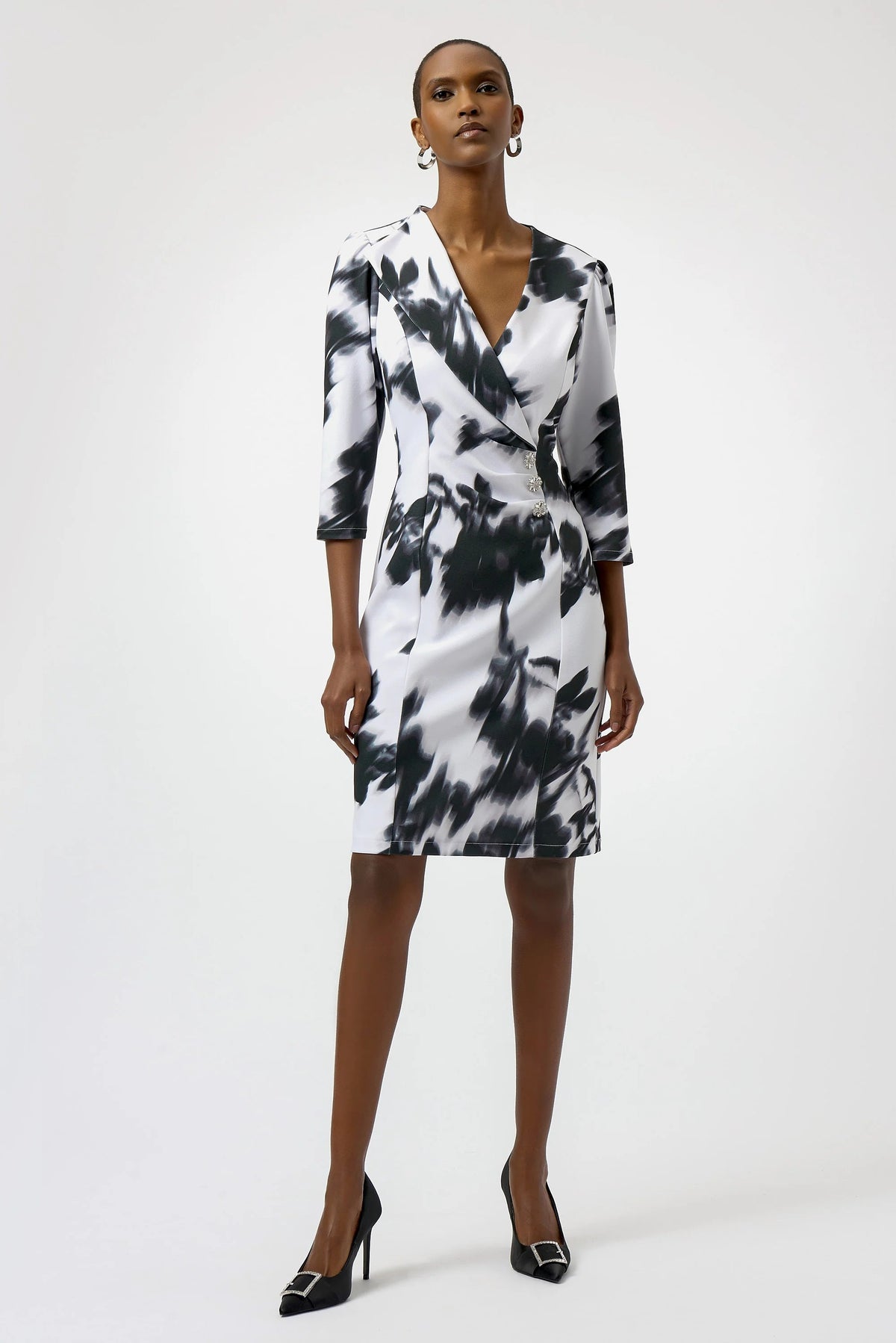 Joseph Ribkoff Floral Two-Tone Sheath Dress with Rhinestone Button Detail —  AfterRetail