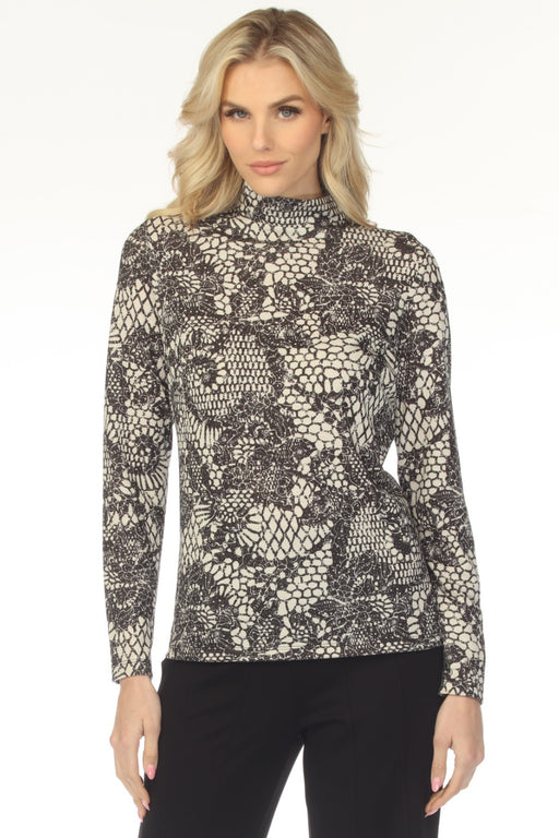 Woman wearing a floral abstract patterned long sleeve top with high neck from Joseph Ribkoff