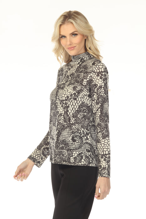 Joseph Ribkoff Winter White/Black Floral High Neck Knit Top 254028