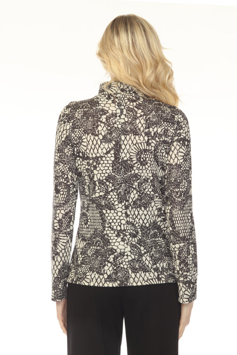 Joseph Ribkoff Winter White/Black Floral High Neck Knit Top 254028