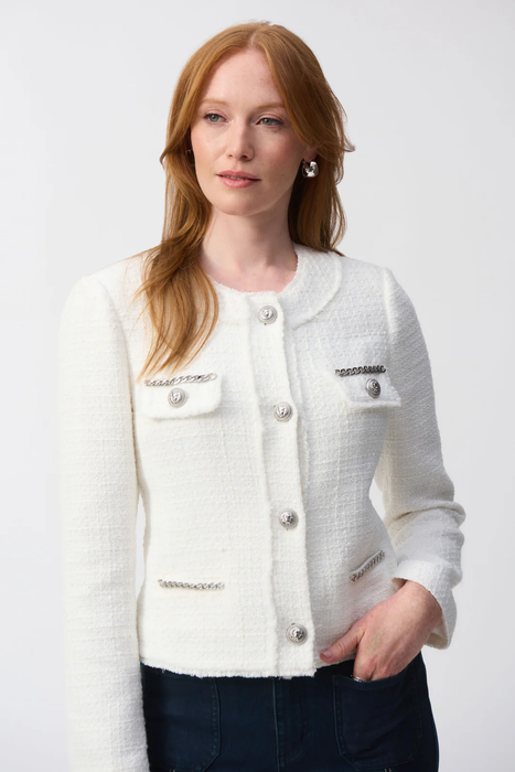 Joseph Ribkoff 251972 Winter White Boucle Chain Detail  Jacket