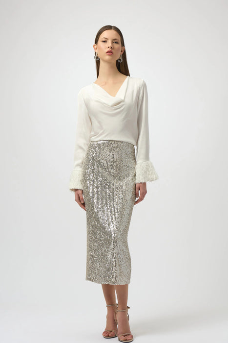 Joseph Ribkoff Cowl Neck Fringe Cuff Satin Top 254020