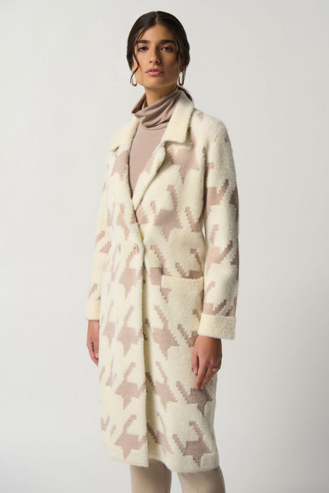 Joseph Ribkoff Style 233941 Winter White/Oatmeal Houndstooth Long Sleeve Fuzzy Coat