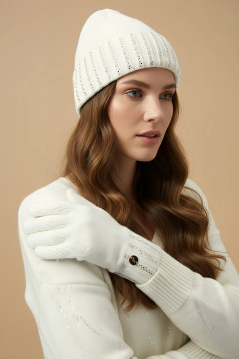 Joseph Ribkoff Winter White Rhinestone Embellished Knit Gloves 254970