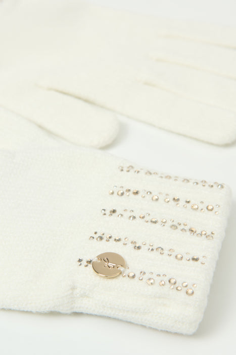 Joseph Ribkoff Winter White Rhinestone Embellished Knit Gloves 254970