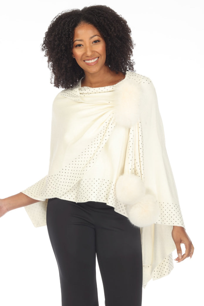 Joseph Ribkoff Studded Faux Fur Pom Pom Poncho Cover-Up