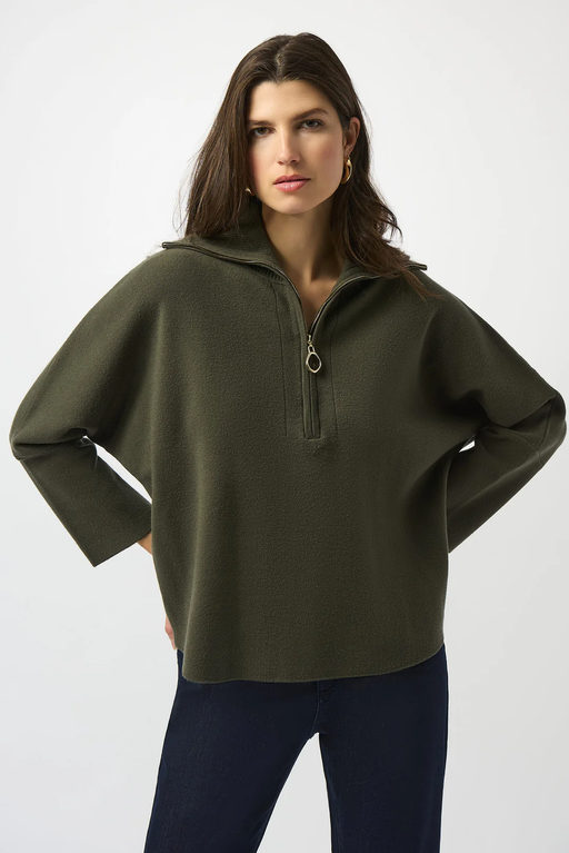 Joseph Ribkoff 253963 Avocado Zipped Collar 3/4 Sleeves Boxy Top