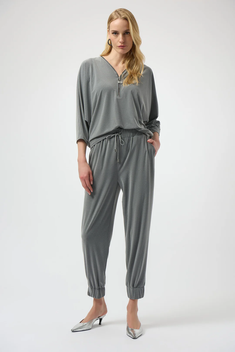 Joseph Ribkoff Grey Melange Zipped V-Neck Long Sleeve Boxy Top 254205