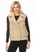 Woman wearing a beige faux fur vest with hidden zip up front from Metric Knits
