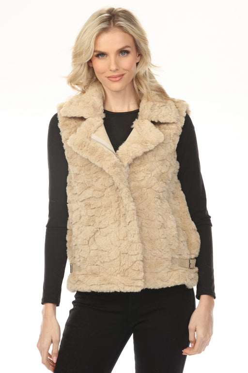 Woman wearing a beige faux fur vest with hidden zip up front from Metric Knits