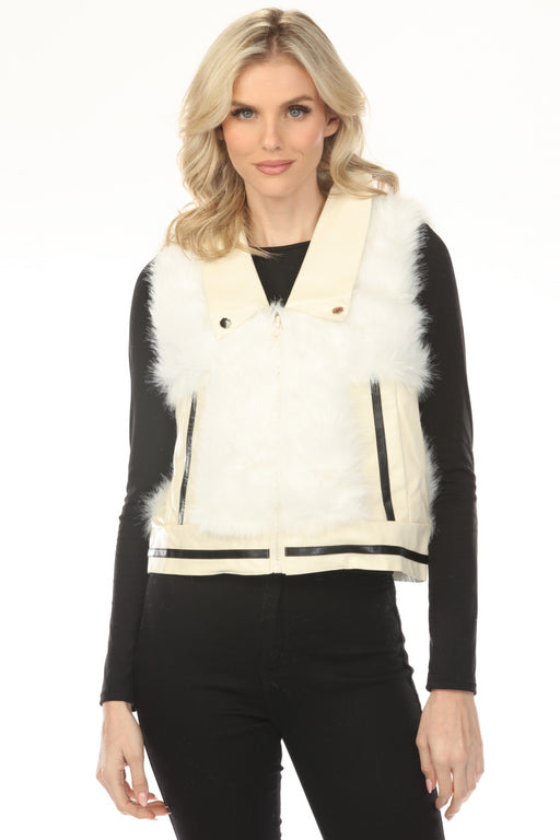 Woman wearing a white fur zip up vest with faux leather trim and front pockets from Metric Knits