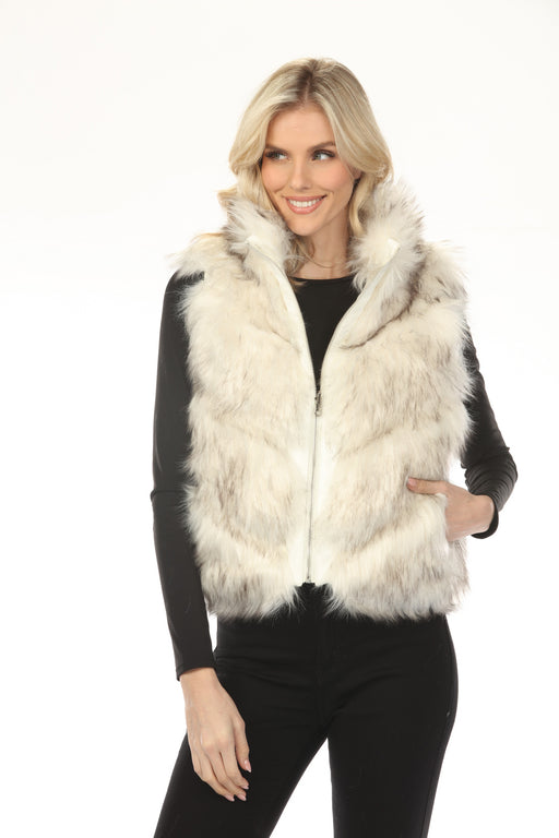 Woman wearing a faux fur zip up vest with pockets from Metric Knits