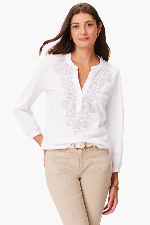 NIC+ZOE Style S241015 White/Multi Climbing Vines Embroidered Henley Top
