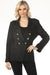 Woman wearing a black lurex blazer jacket with gold double breast buttons and lizard broach from OO LA LA