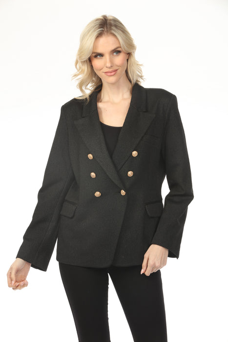 Woman wearing a black lurex blazer jacket with gold double breast buttons and lizard broach from OO LA LA