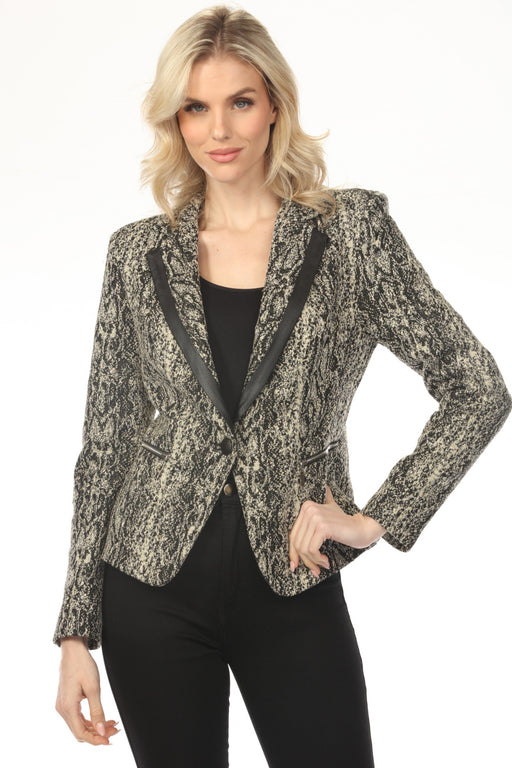 Woman wearing snakeskin-patterned blazer jacket with faux leather trim lapel from OO LA LA