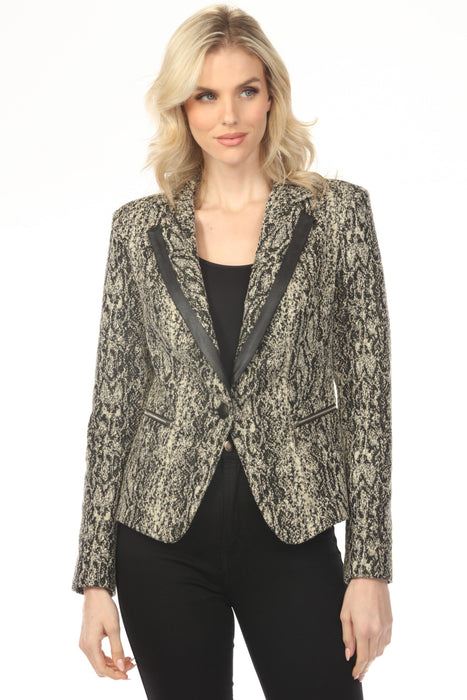 Woman wearing snakeskin-patterned blazer jacket with faux leather trim lapel from OO LA LA