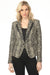 Woman wearing snakeskin-patterned blazer jacket with faux leather trim lapel from OO LA LA