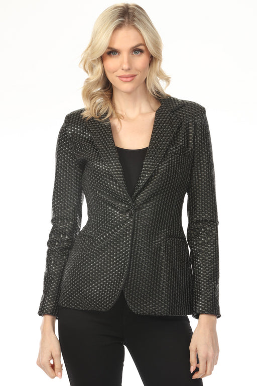 Woman wearing black dot-patterned faux leather blazer jacket with one button and long sleeves from OO LA LA