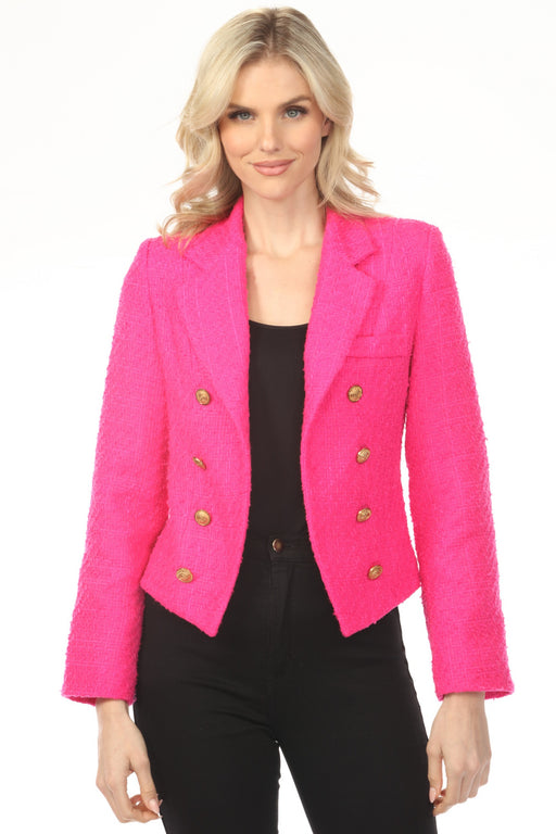 Woman wearing a bright pink open front blazer with double-breast gold buttons from OO LA LA