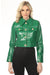 Woman wearing a green patent leather crop jacket with gold buttons with long sleeves and pockets from OO LA LA
