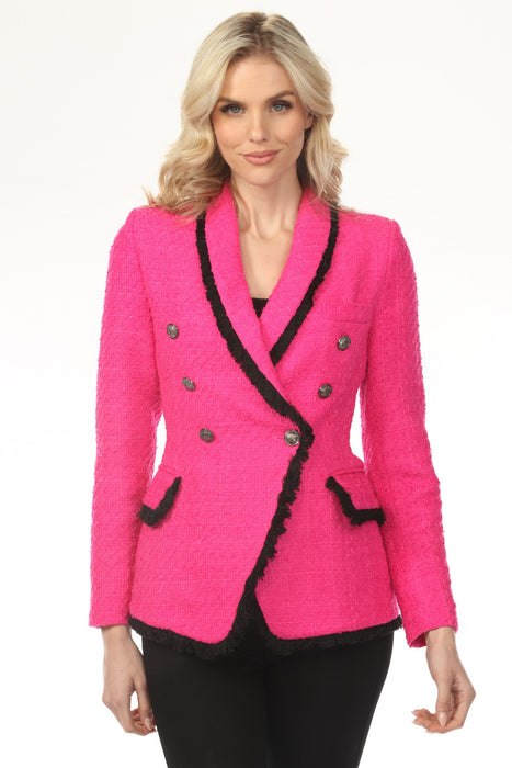 Woman wearing bright pink textured blazer with black frayed trim and flap pockets from OO LA LA
