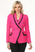 Woman wearing bright pink textured blazer with black frayed trim and flap pockets from OO LA LA