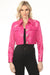 Woman wearing a hot pink patent leather crop jacket with gold buttons with long sleeves and pockets from OO LA LA