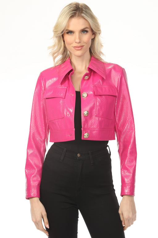 Woman wearing a hot pink patent leather crop jacket with gold buttons with long sleeves and pockets from OO LA LA