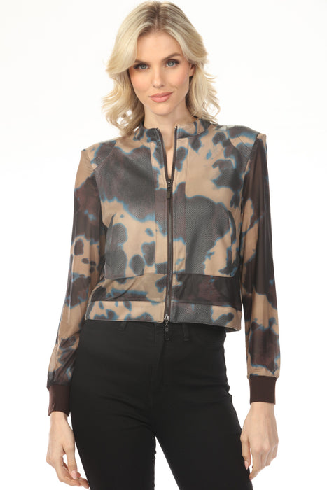 Woman wearing snakeskin patterned bomber jacket with zip up front and long sleeves from OO LA LA