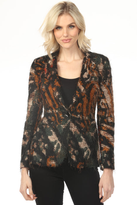 Woman wearing a textured animal-printed blazer jacket from OO LA LA