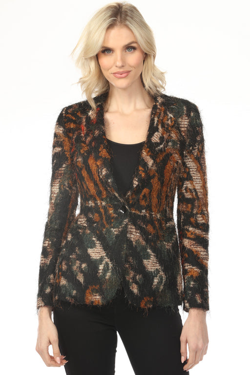 Woman wearing a textured animal-printed blazer jacket from OO LA LA