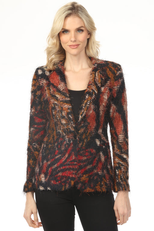 Woman wearing a textured tiger-patterned blazer jacket from OO LA LA