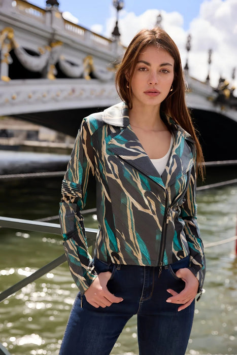 OO LA LA Teal Cracked Ice Foiled Reptile Zip Moto Jacket M9052